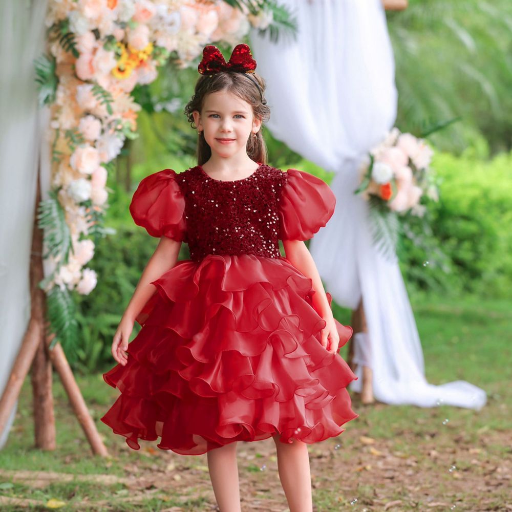 Navy blue cap sleeves ruffle luxury flower gril dress