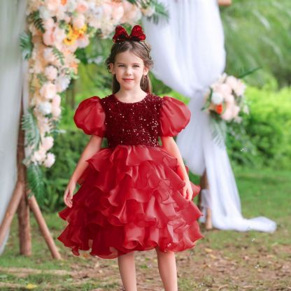 Navy blue cap sleeves ruffle luxury flower gril dress