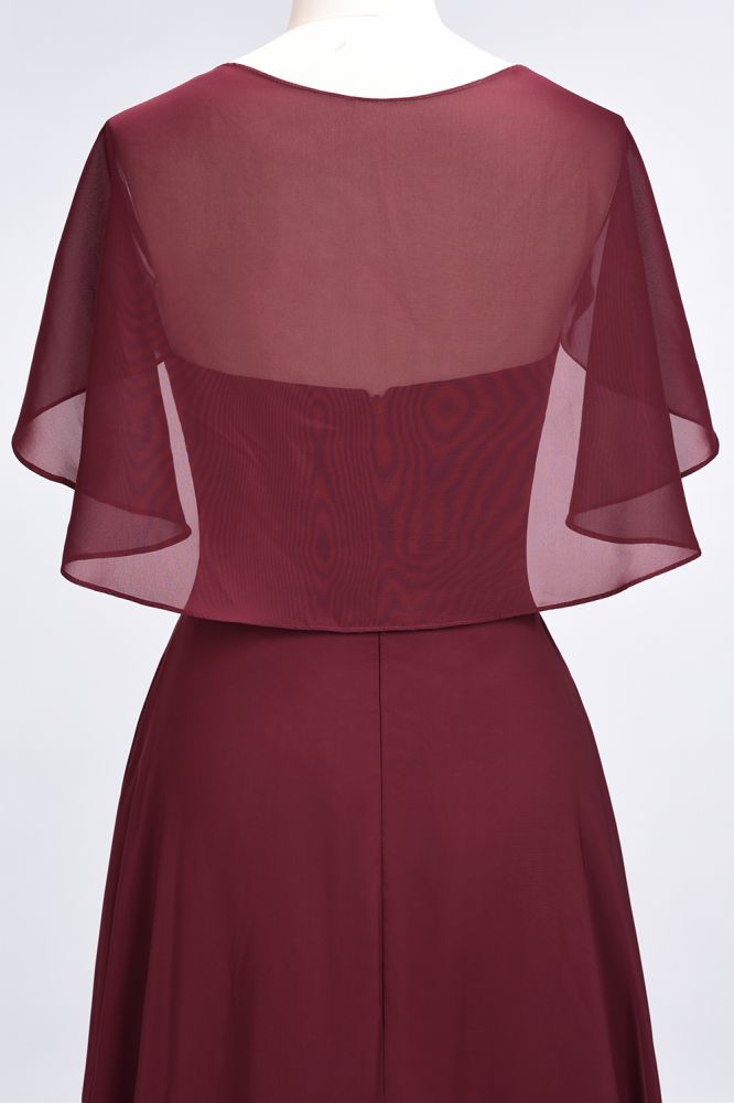 Chiffon Satin A-Line V-Neck short-sleeves Long Bridesmaid Dress