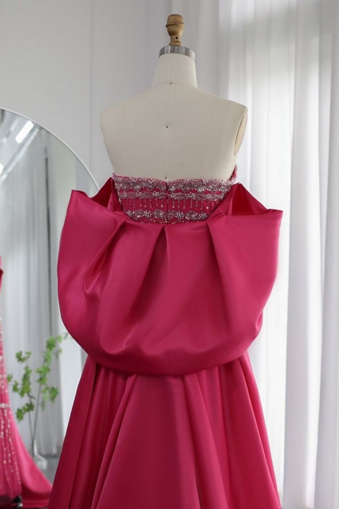 Gorgeous Strapless Glitter Beading Satin Mermaid Evening Gown with Ruffle Chapel Train