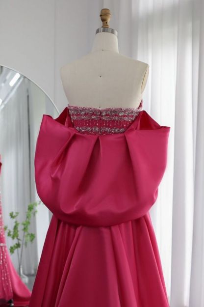 Gorgeous Strapless Glitter Beading Satin Mermaid Evening Gown with Ruffle Chapel Train