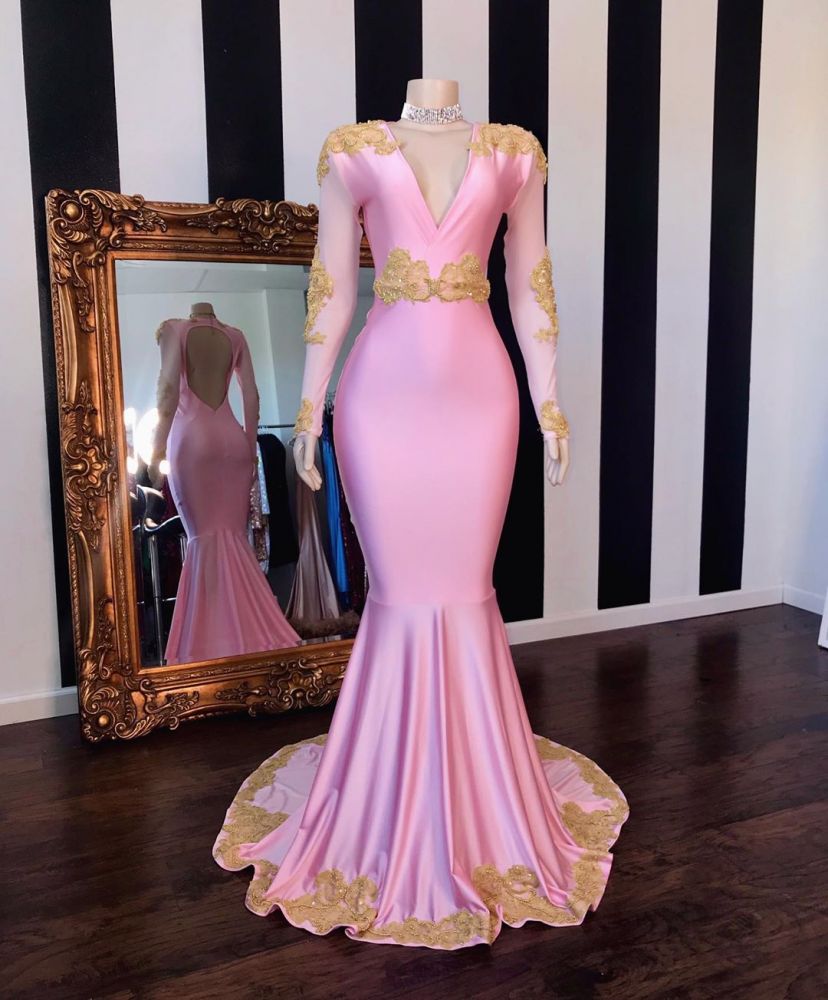V-neck Long Sleeves Open Back Pink Mermaid Appliques Prom Gowns