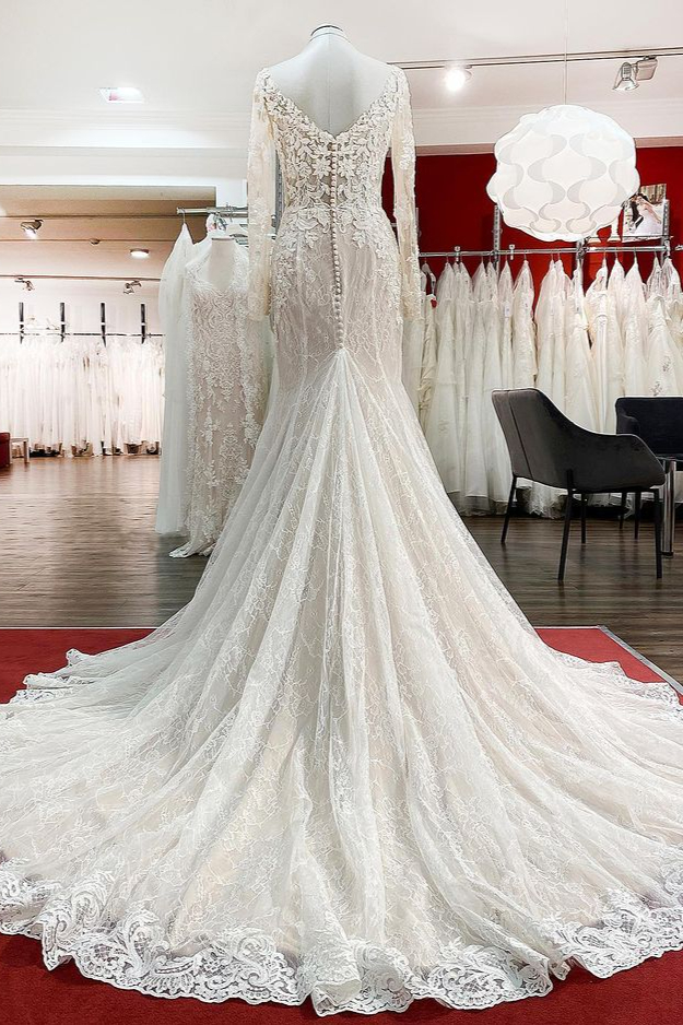 Long Sleeves V-neck Mermaid Lace White Boho Wedding Dresses