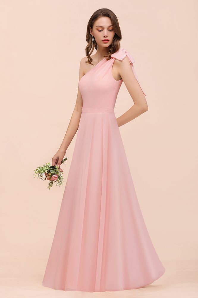 One Shoulder Soft Chiffon Bridesmaid Dress Pink Maid of Honor Dress