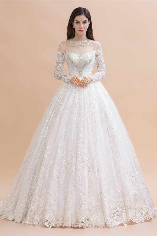 Glamorous Long Sleeve Beads White/Ivory Lace Appliques Wedding Dress