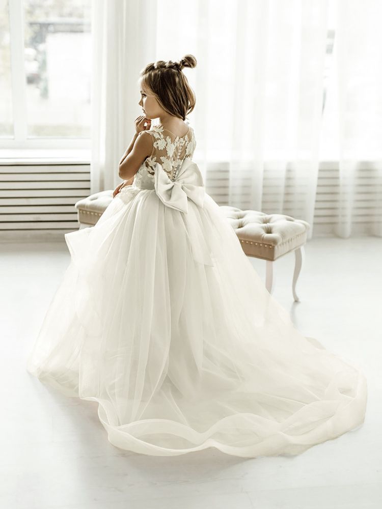 Dusty Pink Flower Girl Dress Tulle Sleeveless Lace First communion dress for girl Birthday Party Dress Bowtie with Train-Babyonlinewholesale