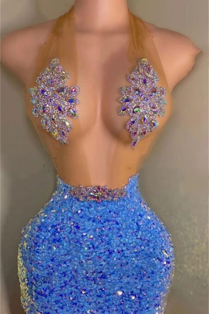 Beaded Blue Sparkle Sequin Halter Prom Dresses