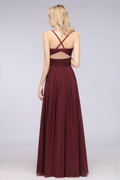 Chiffon A-Line Spaghetti-Straps V-Neck Sleeveless Long Bridesmaid Dress with Ruffles