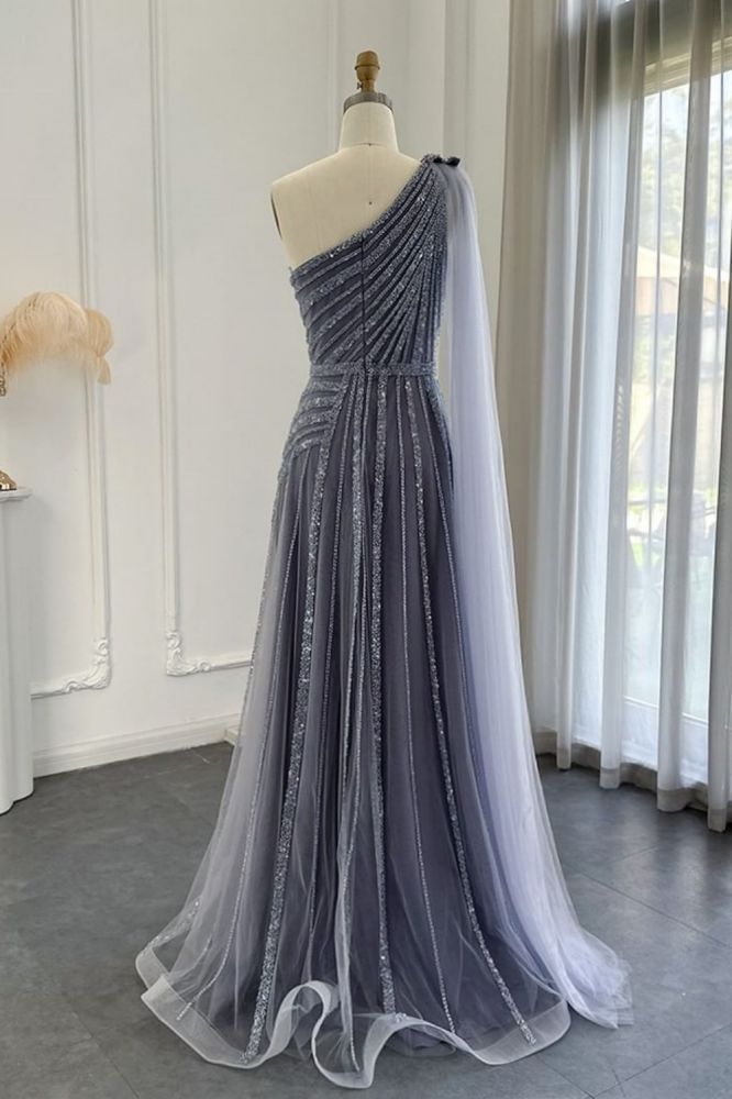 Luxury One Shoulder Shinny Beadings Long Evening Dresses with Sequins Dubai Formal Dress for Wedding Party-Babyonlinewholesale