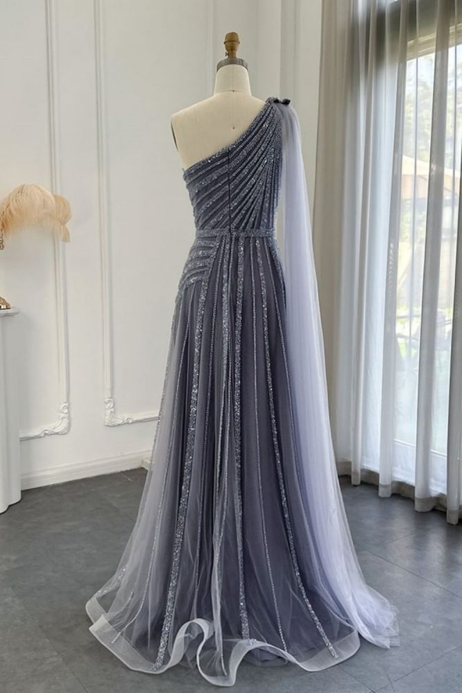 Luxury One Shoulder Shinny Beadings Long Evening Dresses with Sequins Dubai Formal Dress for Wedding Party-Babyonlinewholesale