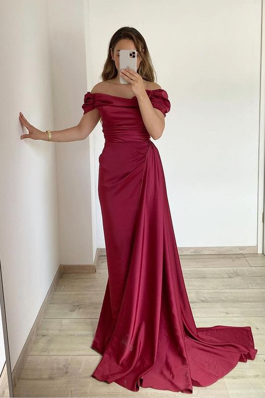 Off the shoulder Burgundy Court Train Prom Dresses