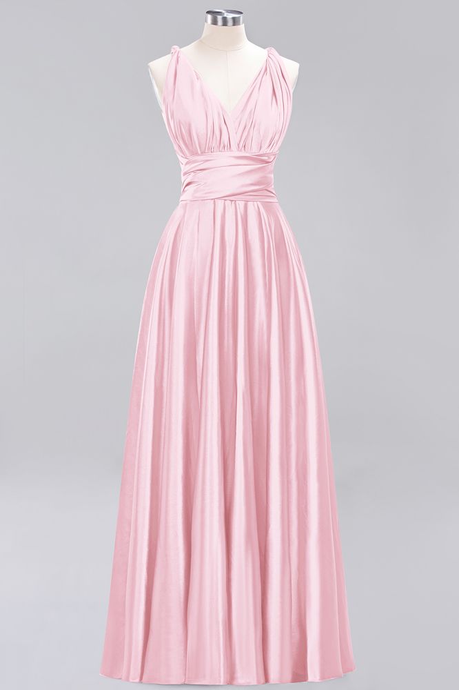 Simple A-Line V-Neck Sleeveless Floor Length Convertible Bridesmaid Dress with Ruffles