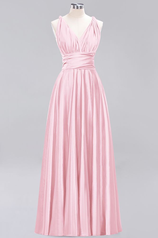 Simple A-Line V-Neck Sleeveless Floor Length Convertible Bridesmaid Dress with Ruffles