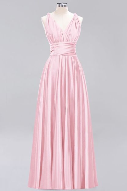 Simple A-Line V-Neck Sleeveless Floor Length Convertible Bridesmaid Dress with Ruffles