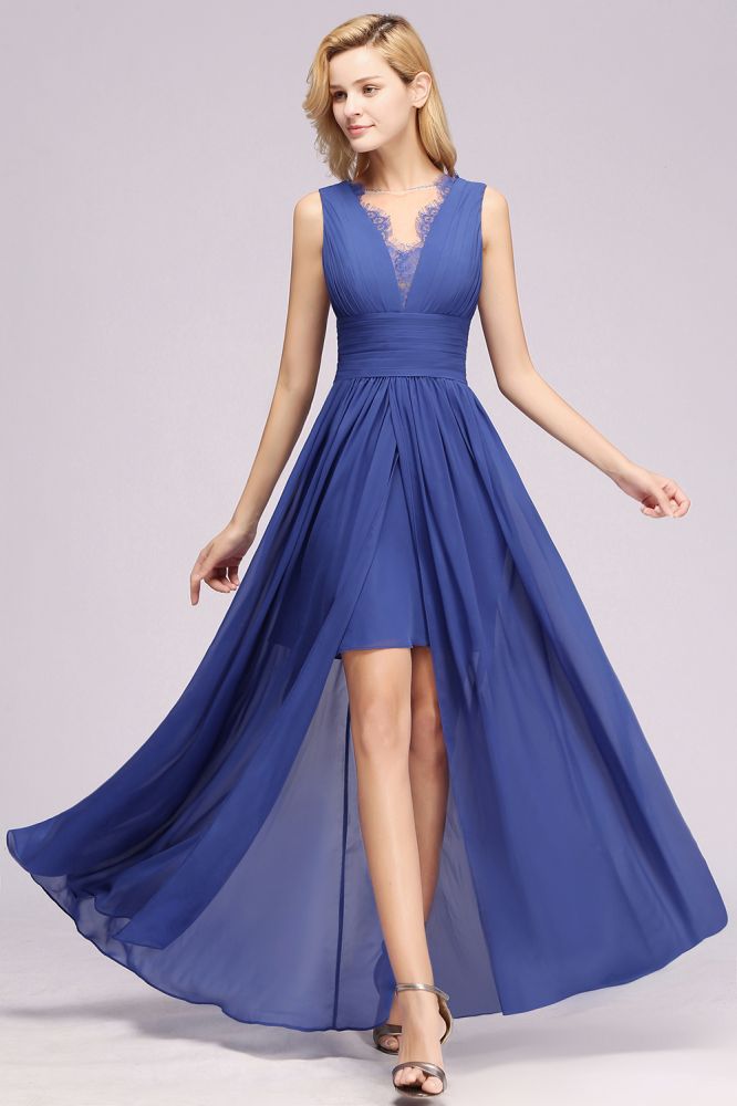 Chiffon Lace Jewel Sleeveless Long Train Ruffles Short Bridesmaid Dress