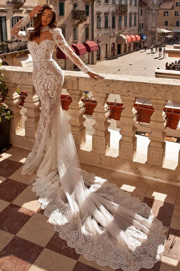Fabulous Jewel Long Sleeves Wedding Dress with Train