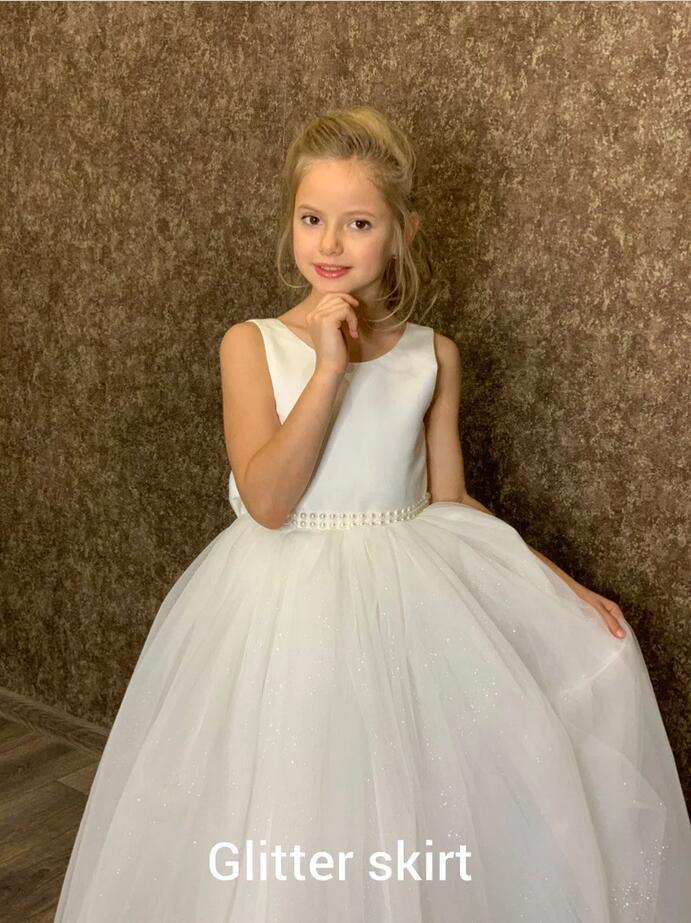 Jewel Neck White Glitter Little Girl Dress for Chrismas Birthday Party Sleevelesss Flower Girl Dress