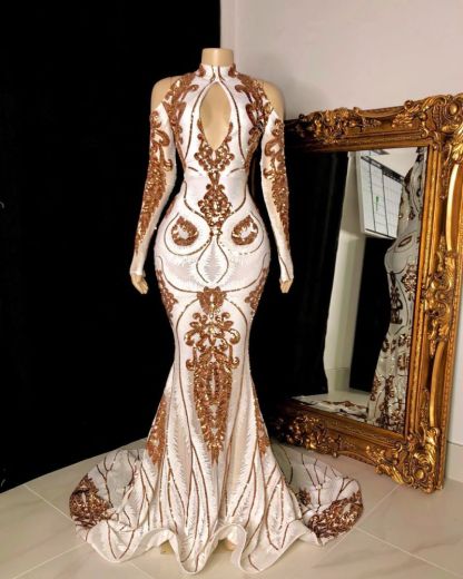 Gorgeous Beading Sequins Keyhole Neckline Cold Shoulder Long Sleeves Mermaid Formal Gowns