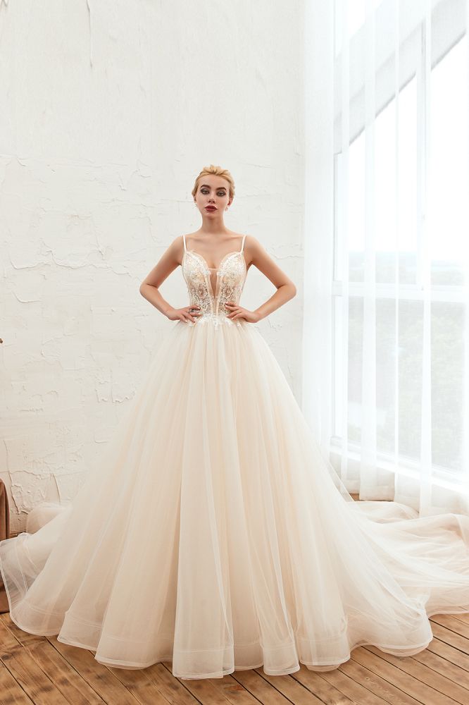 Boho Spaghetti Straps Ivory Ball Gown Wedding Dress | Romantic Bridal Gowns for Sale