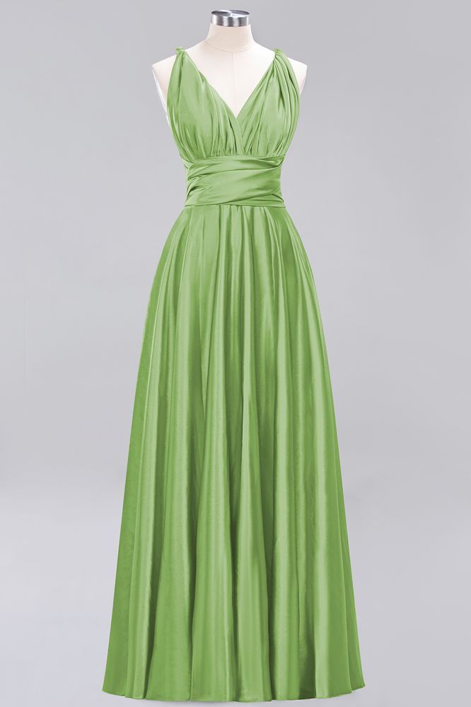 Simple A-Line V-Neck Sleeveless Floor Length Convertible Bridesmaid Dress with Ruffles