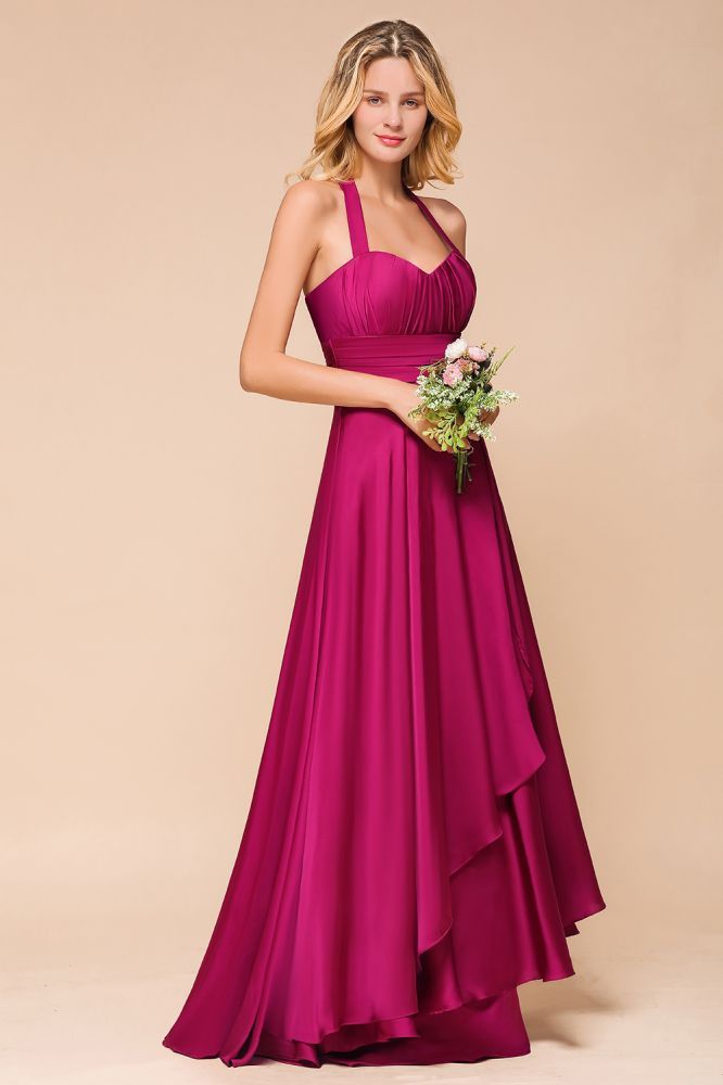 Halter Sweetheart Satin Chiffon Evening Wear Dress Sleeveless Aline Wedding Guest Dress