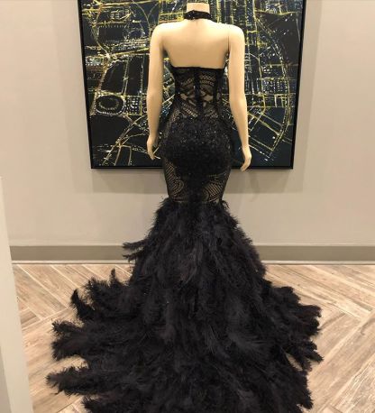 Unique Lace Appliques Halter Feather Prom Dresses | Sleeveless Alluring Fit and Flare Evening Gowns