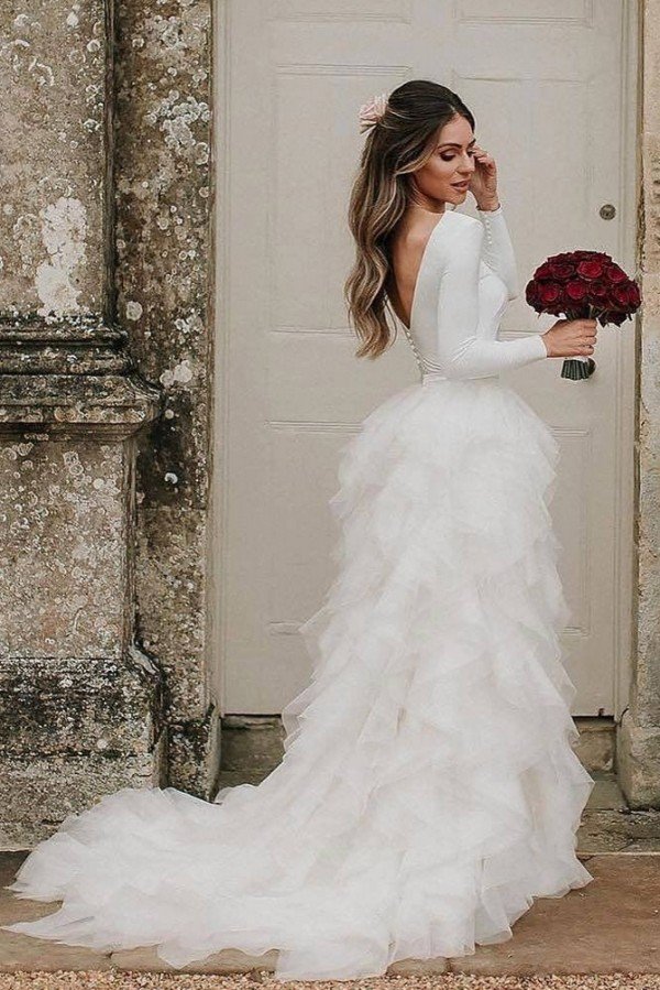 Long sleeves low back white ruffles wedding dress with court train