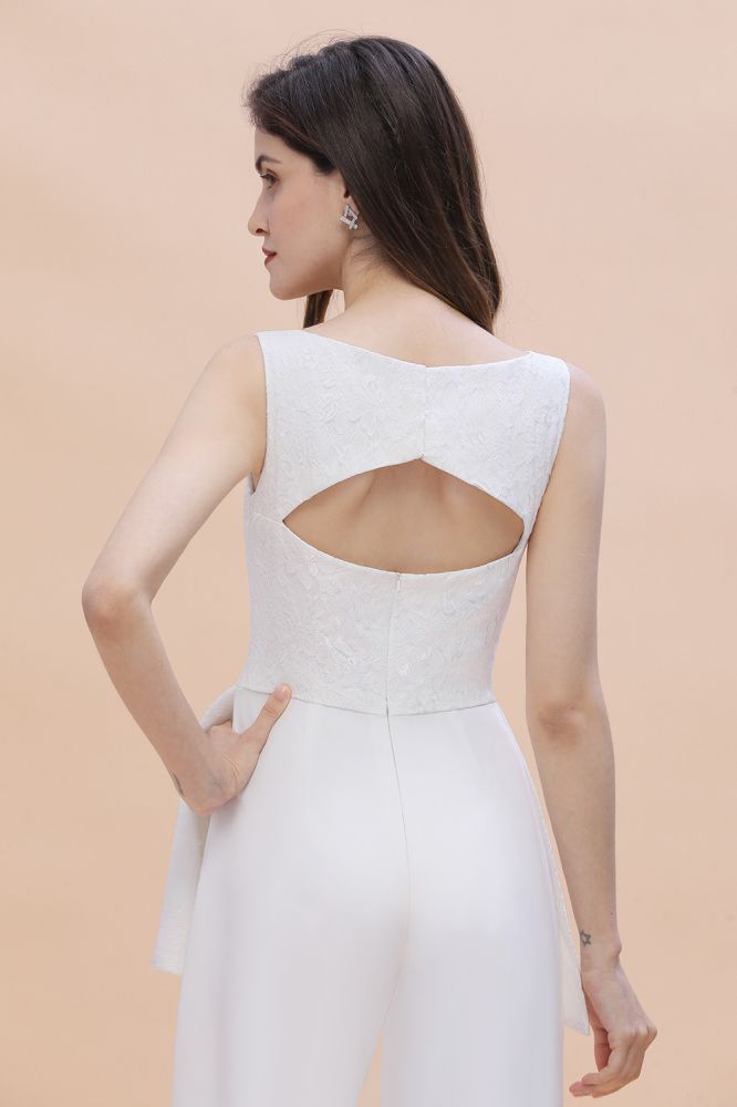White V-Neck Jumpsuit Wedding with Side Slit