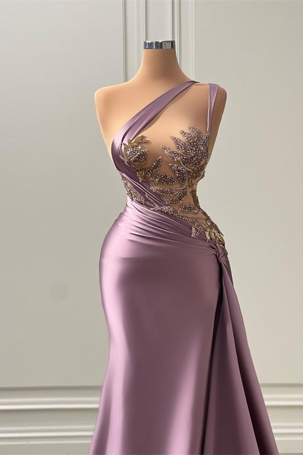 One shoulder Lavender A-line Satin Long Prom Dresses