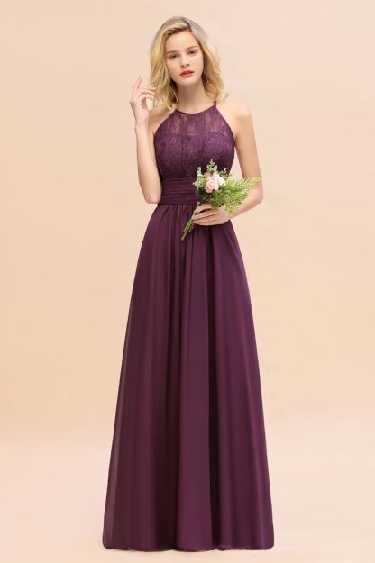 Purple Elegant Halter Hollow Lace Aline Maid of Honor Dress Floor Length Chiffon Bridesmaid Dress