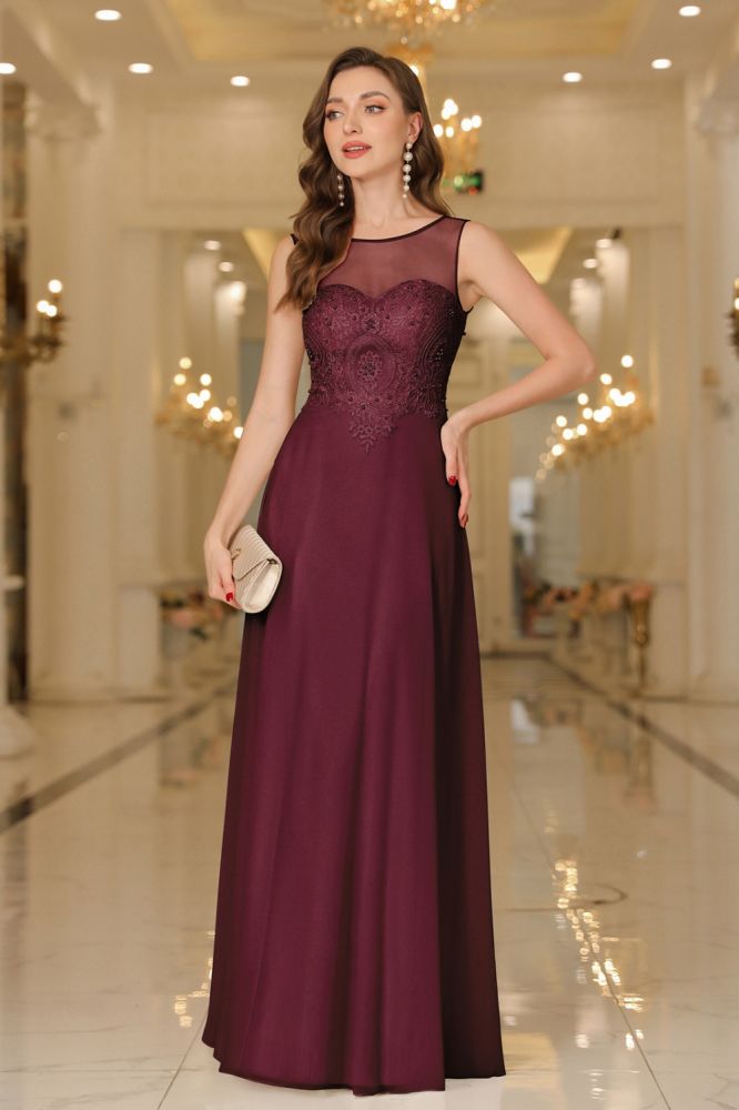 Elegant Scoop Neck Chiffon Bridesmaid Dress Sleeveless Lace Appliques Long Evening Dress