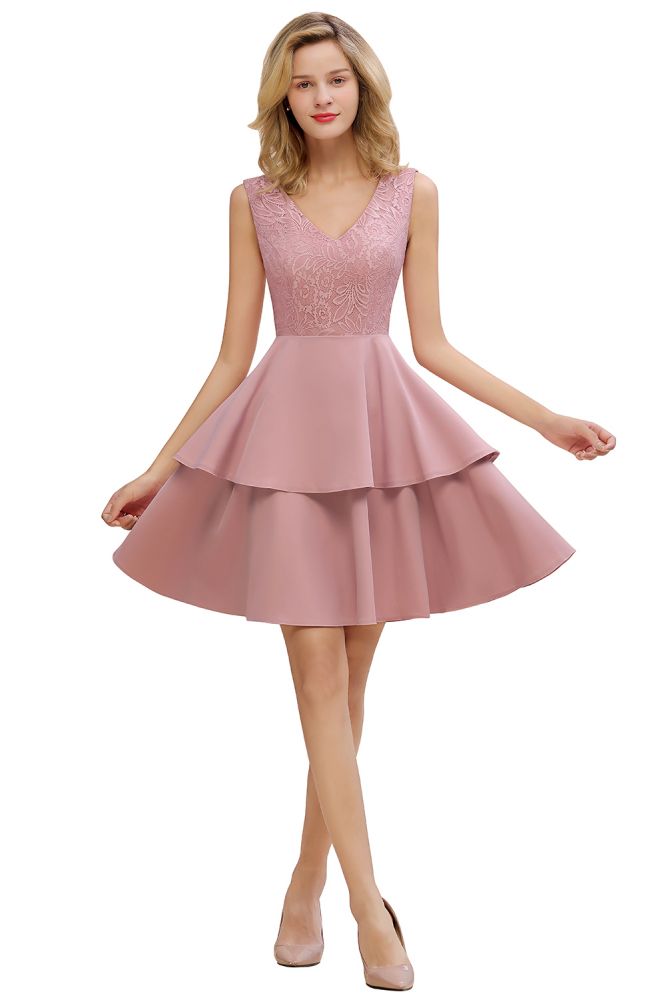 Sexy V-neck V-back Knee Length Homecoming Dresses with Ruffle Skirt | Burgundy, Navy, Pink Dress for Homecoming-Babyonlinewholesale