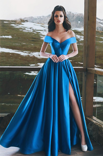 Blue Off-the-Shoulder Prom Dress | Long Evening Gowns With Slit BA8863