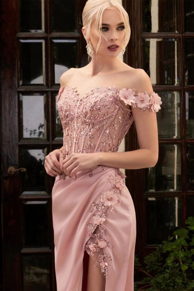 Off the shoulder Dusty Pink High Split Satin Prom Dresses