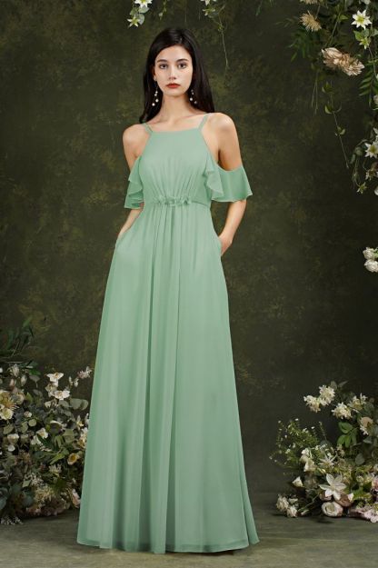 Beautiful Yellow Off-the-Shoulder Ruffles A-Line Chiffon Bridesmaid Dress With Pockets