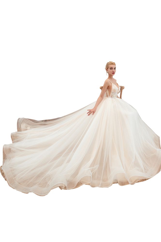 Boho Spaghetti Straps Ivory Ball Gown Wedding Dress | Romantic Bridal Gowns for Sale