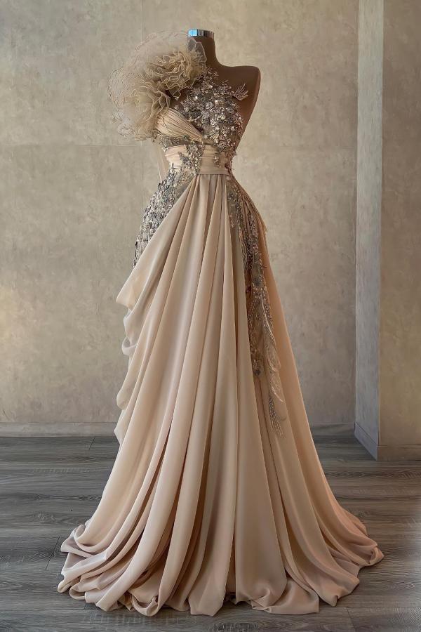 Flowers Sweetheart One shoudler Pleats Prom Dresses