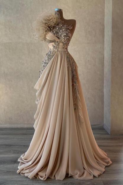 Flowers Sweetheart One shoudler Pleats Prom Dresses