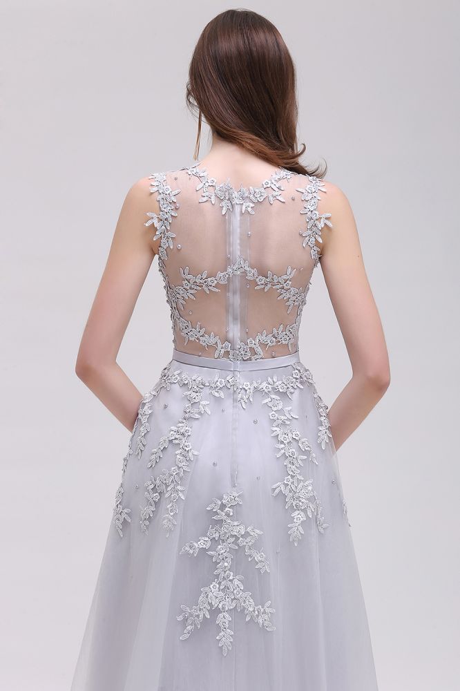 EMORY | A-Line Crew Tea Length Lace Appliques Short Prom Dresses