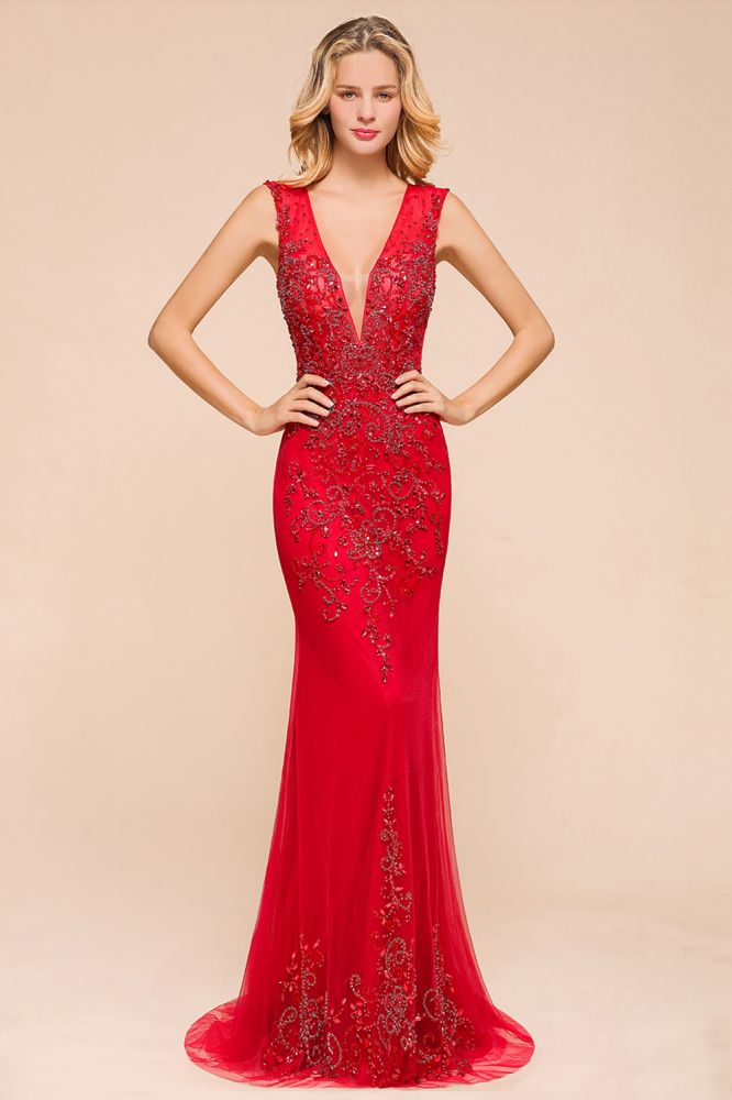 Sexy Open Back Plunging V-neck Sleeveless Ruby Red A-line Prom Dress with Beaded Belt