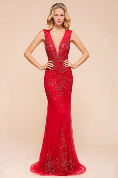 Sexy Open Back Plunging V-neck Sleeveless Ruby Red A-line Prom Dress with Beaded Belt