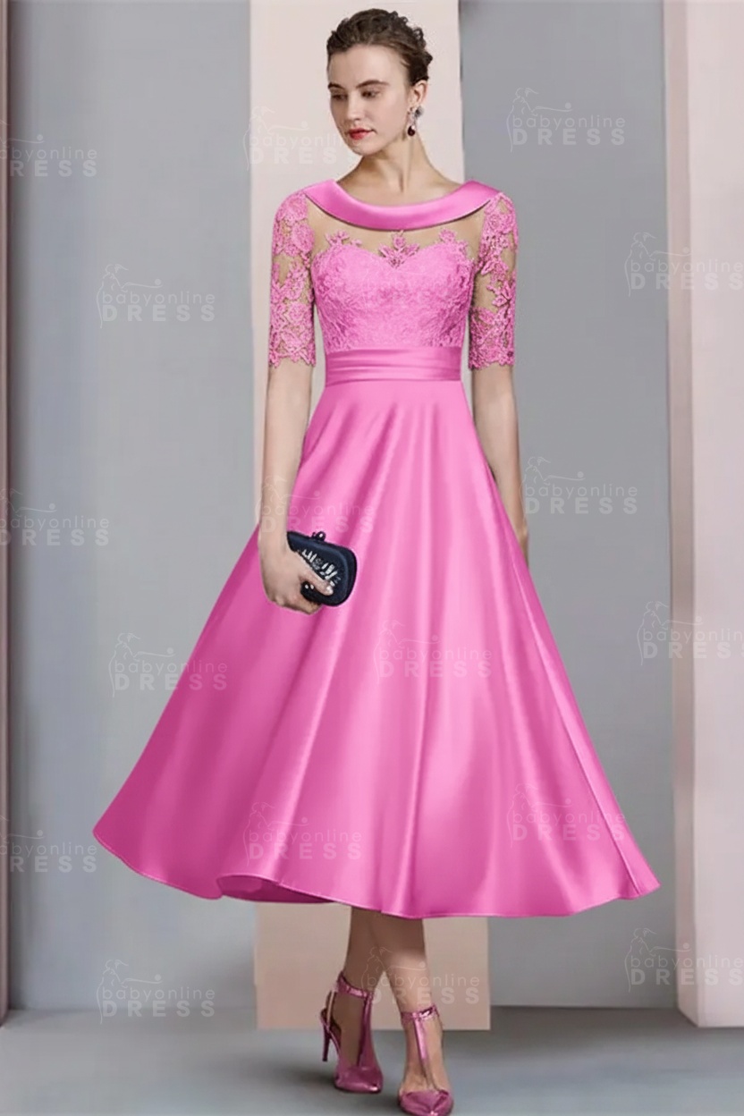 Elegant Ivory Jewel Lace Beading A-Line Tea Length Satin Wedding Guest Dress Formal Mother Dress