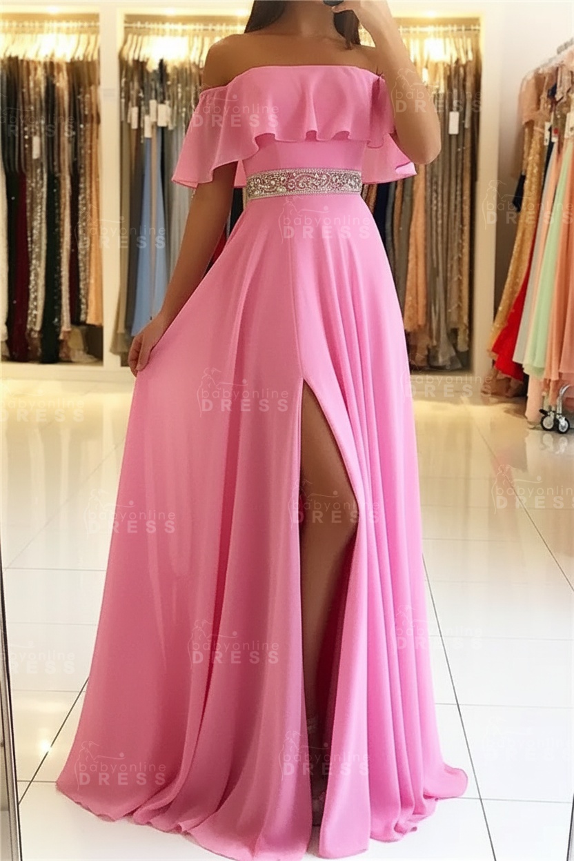 Sky Blue Off The Shoulder Evening Dresses Sexy | Chiffon Side Slit Prom Dress with Crystals Belt