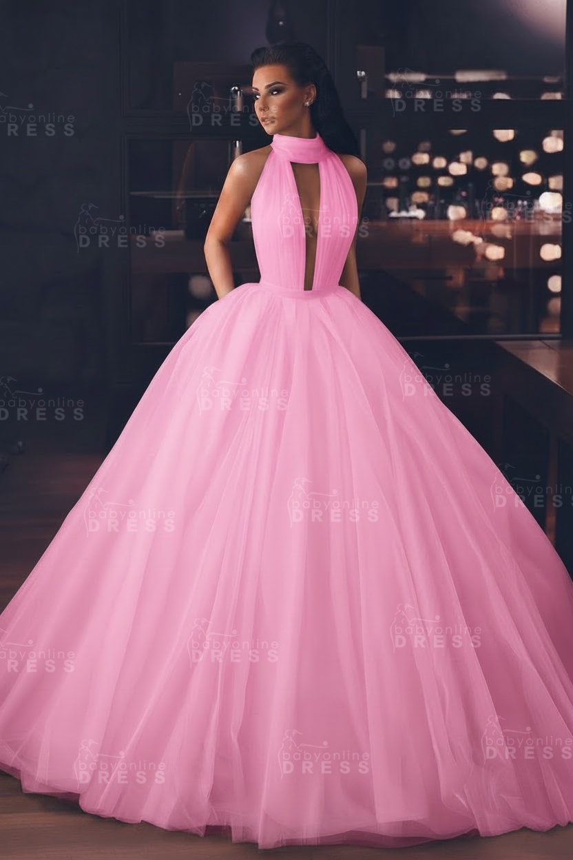 Sexy High-Neck Sleeveless Ball Gown Evening Dress with Pockets