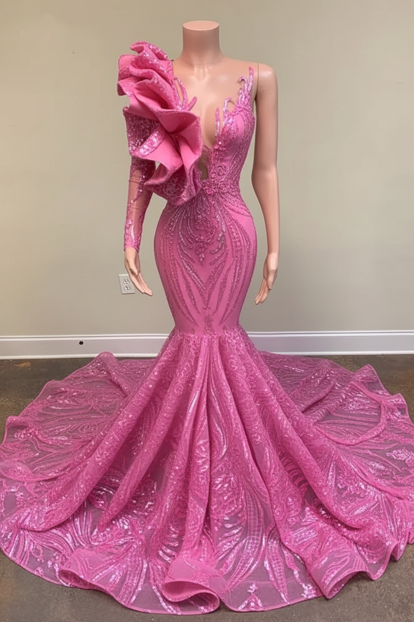 Chic Black Long Sleeve Asymmetrical Floor Length Mermaid Prom Dress