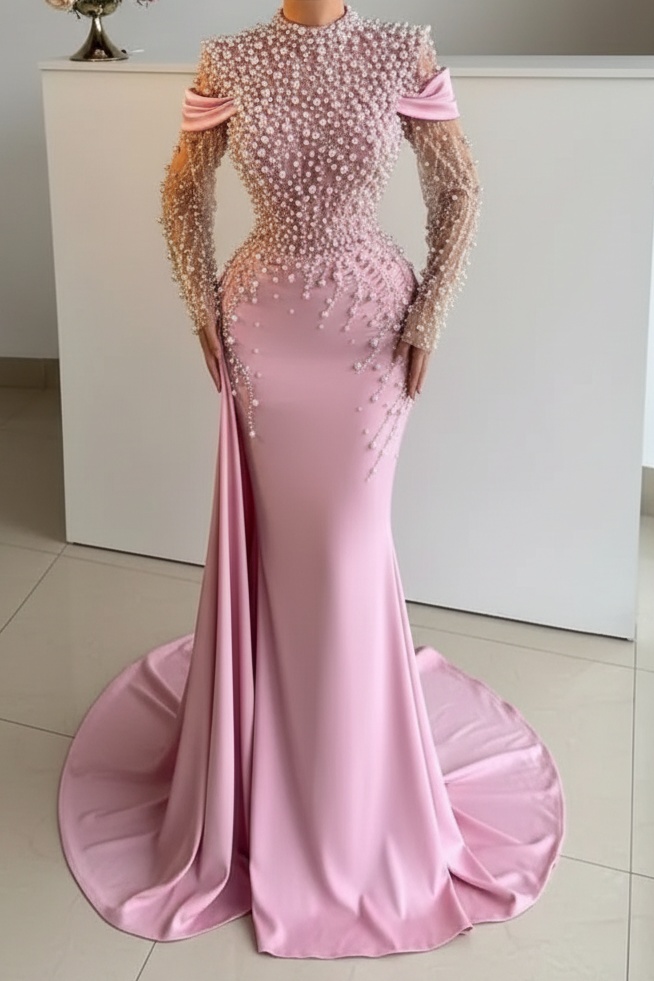 Unique High Neck Beading Long Sleeve Mermaid Prom Dresses