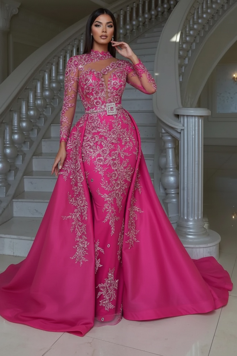 Blushing pink Long sleeves Overskirt Lace Prom Dresses