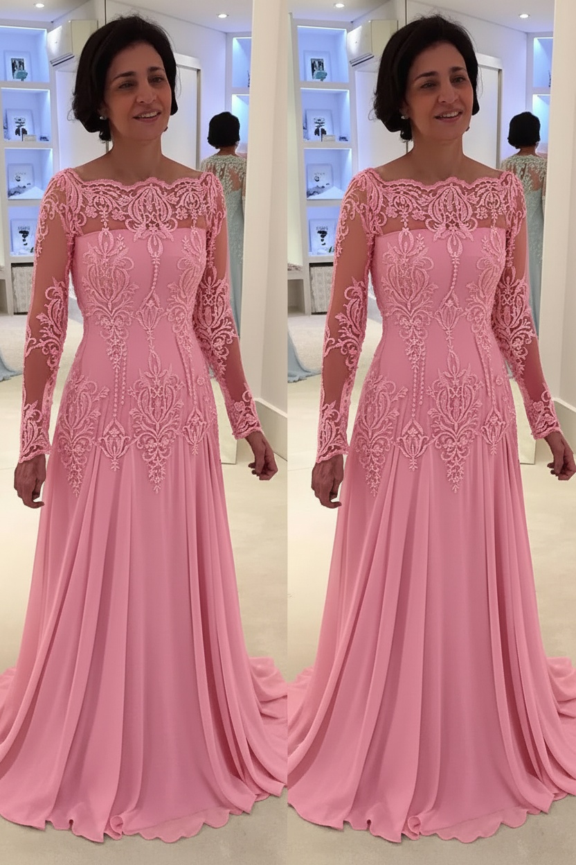Elegant Floor-Length Lace Long-Sleeves A-line Mother of the Bride Dress 