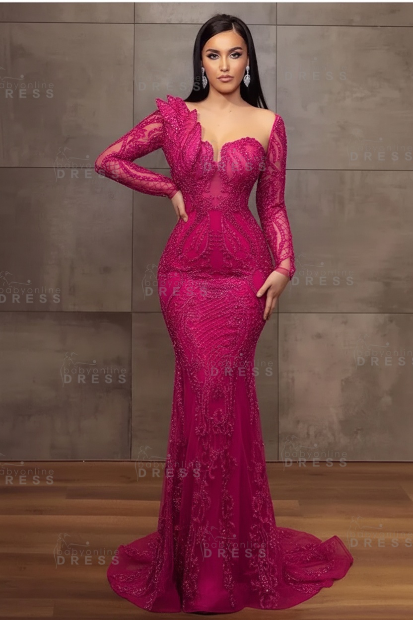 Stunning Burgundy Beadings Long Sleeves Mermaid Prom Dress