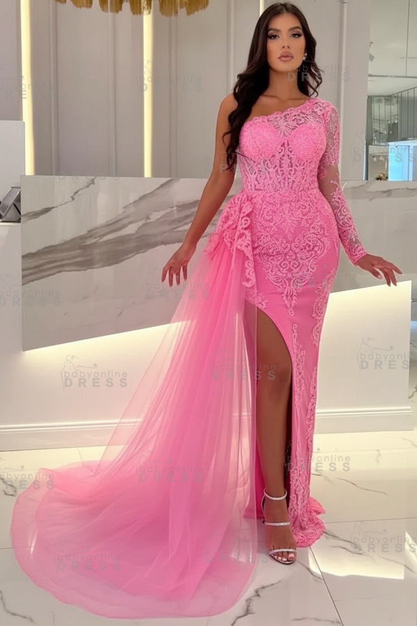 Sexy Sky blue One-shoulder Mermaid Prom Dress Tulle with High split